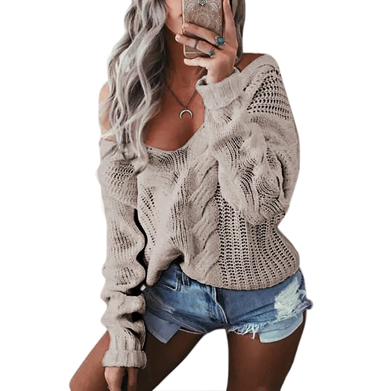 

LASPERAL Winter Sexy Deep V-Neck Knitted Sweaters Women Long Sleeve Off Shoulder Sweater Femme 2018 Autumn Outwear Sweater