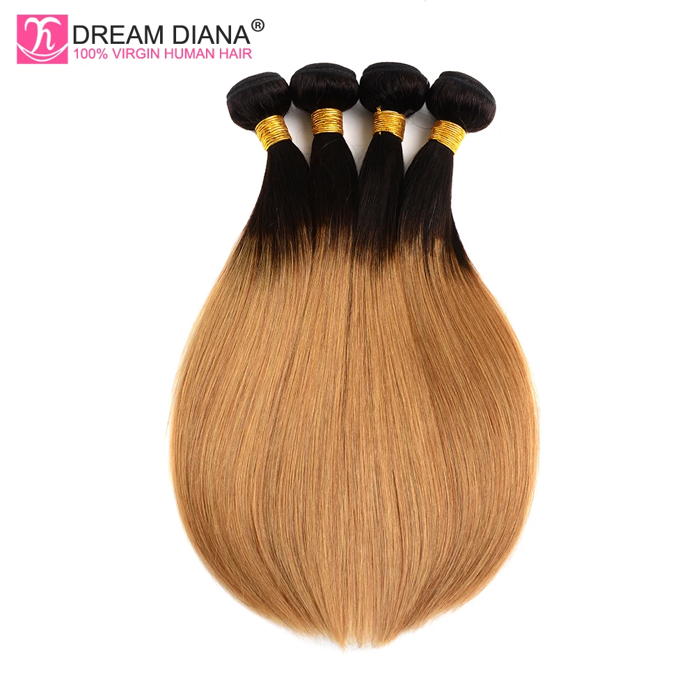DreamDiana два тона 1B/27 индийские прямые волосы Омбре пучки 4 светлые Remy 100%