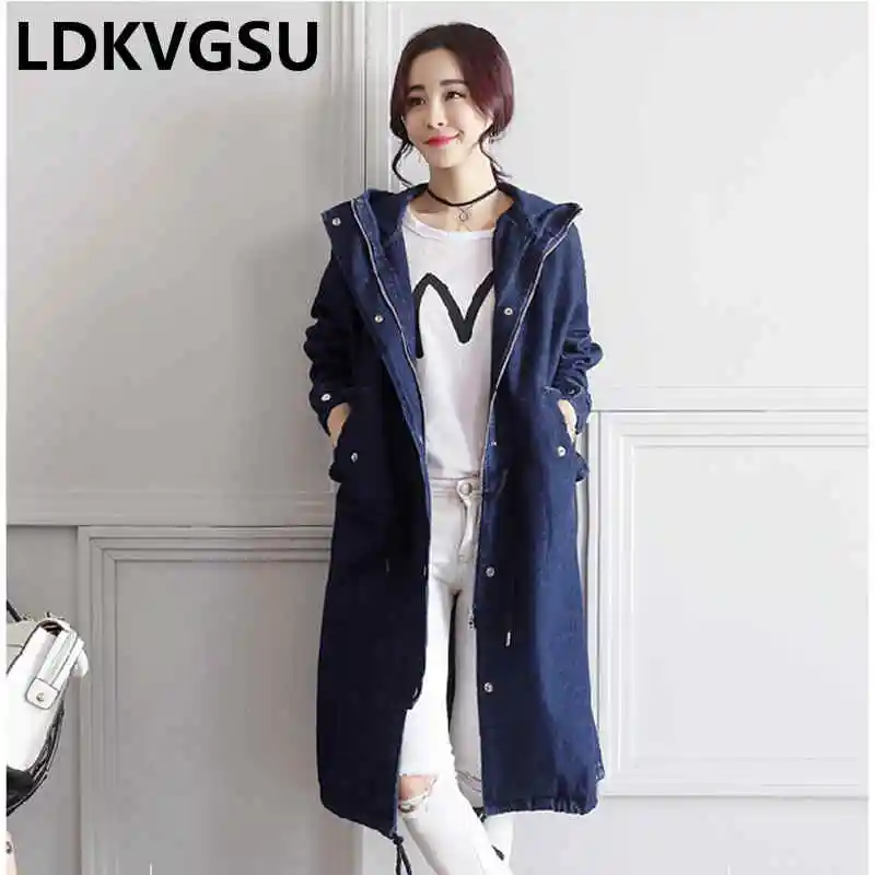 Spring Autumn Women Hooded Denim Trench New Korean Buttons and zippers Casual Loose Coat Female Long Denim Coat Is112