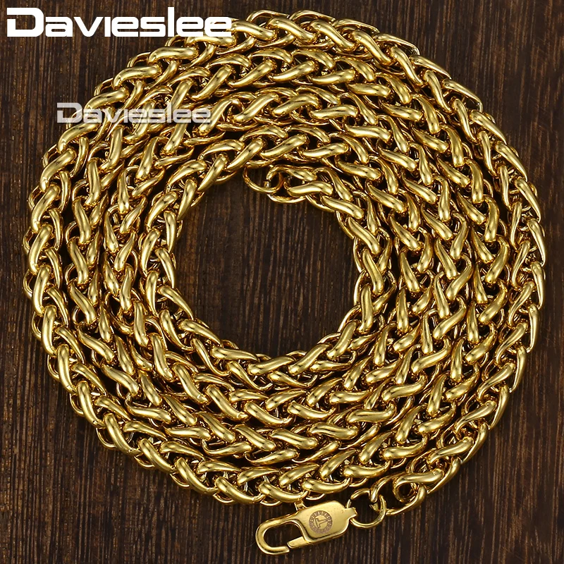 Davieslee плетеное пшеничное звено ожерелье для мужчин цепь из нержавеющей стали золотой тон 3-9,5 мм DKNM161