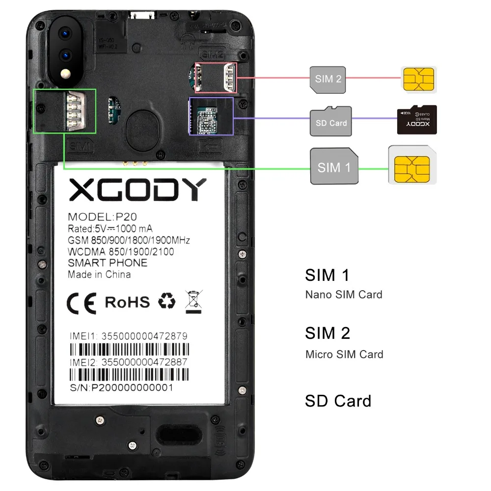 XGODY P20 3G 5.5 Inch Smartphone 18:9 Full Screen Mobile Phone Android 8.1 2GB 16GB MTK6580 Quad Core 5MP GPS Telefone Celular
