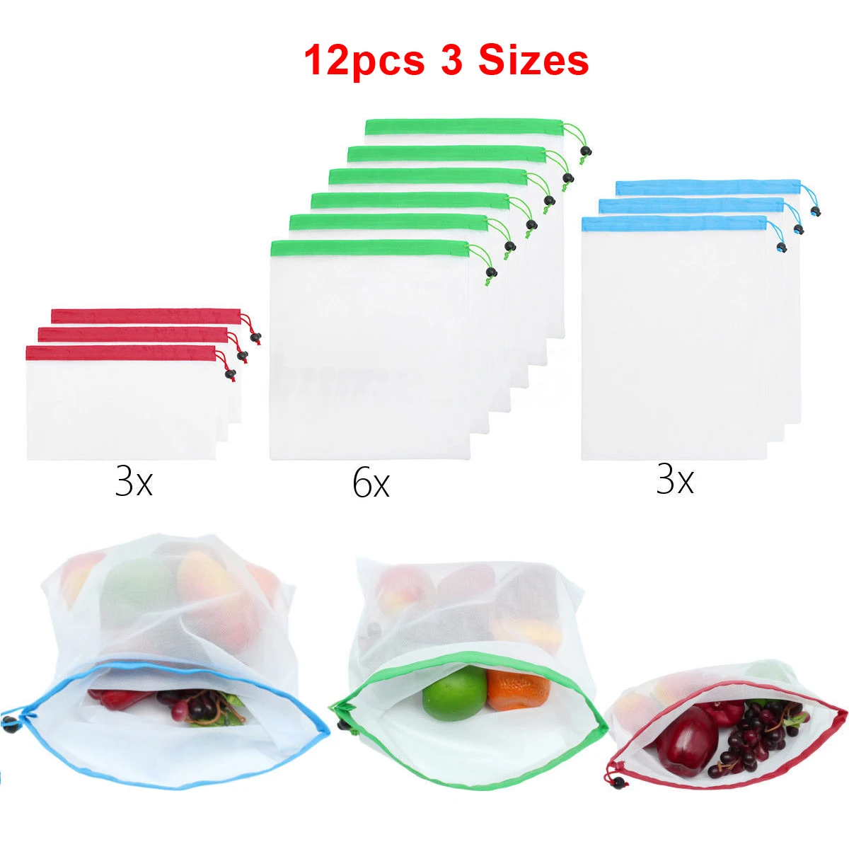 12pcs Washable Mesh Vegetable Bags Eco Friendly Fruit Bags Vegetable Toys Storage Bag for Shopping Kitchen Storage Bag