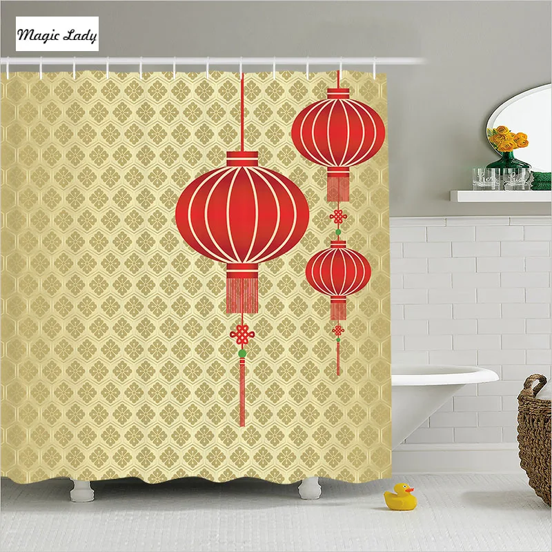 Shower Curtain Gold Bathroom Accessories Chinese Lanterns Baroque