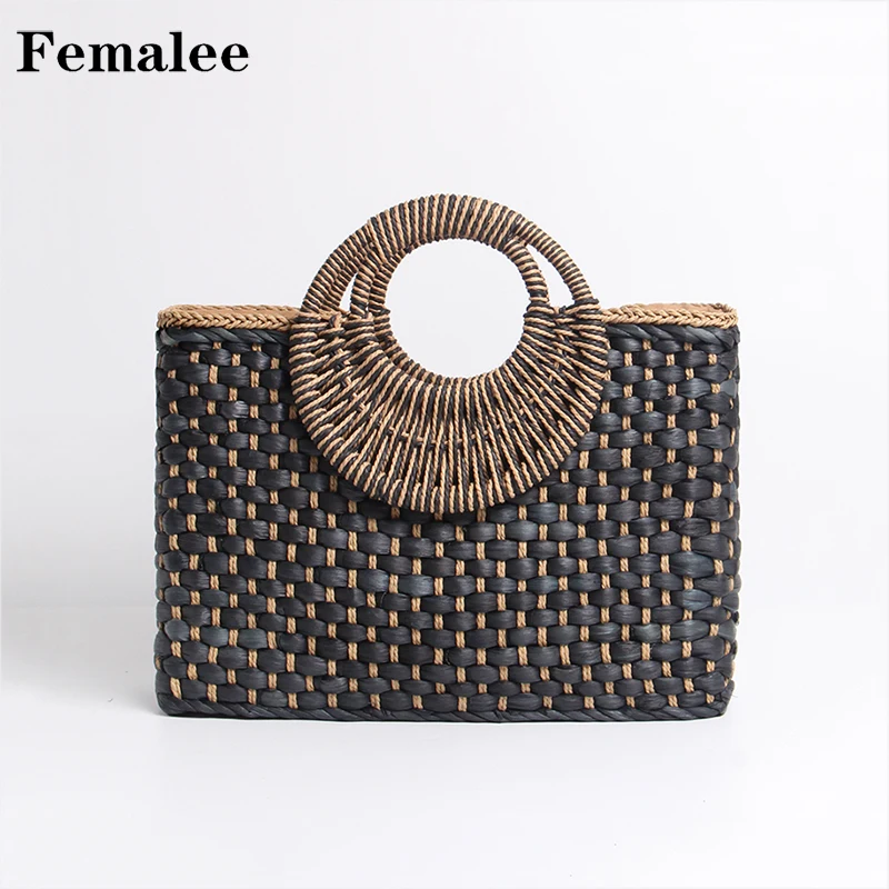 

FEMALEE Black Straw Large Box Shaped Casual Tote Round Handle Travel Bags Woven Zipper Handmade Retro Vintage Satchels Women Bag