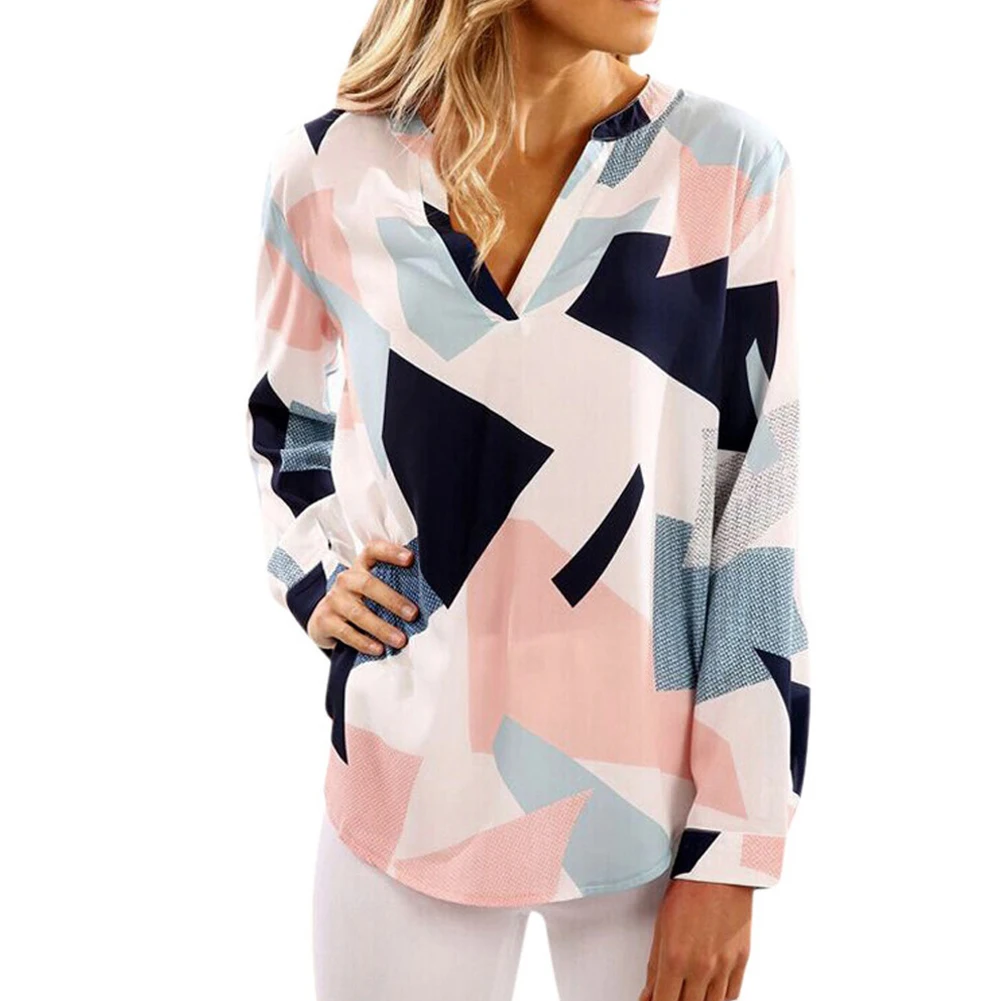S-3XL Cotton Long Sleeve Casual Blouses 2017 V-Neck Plus Size Women with Geometric |