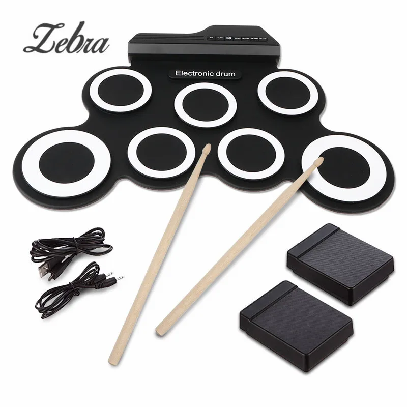 

7 Pad Portable Foldable Practice Instrument Electronic Roll up Drum Pad Kits with 2 Foot Pedals and Drum Sticks for Beginner