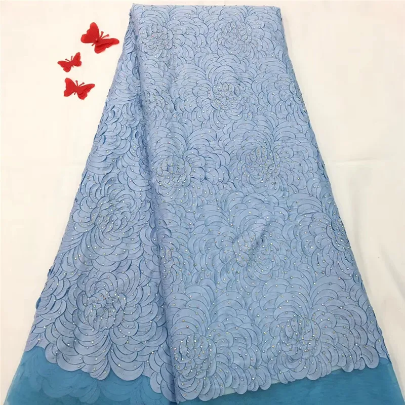 

HFX Rhinestones Powder Blue Latest French Tulle Embroidery African Lace High Quality Net Lace Fabric For Party X1096-3