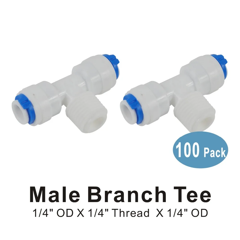 

100 PACK OF Male Branch Tee 1/4-Inch OD x 1/4-Inch Thread x 1/4-Inch Quick Connect Fittings for Water Filters and RO Systems