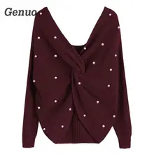 Genuo Pearl Beading V Neck Twist Sweater Burgundy Women Pullovers Knit Jumpers Long Sleeve Casual Solid Sweaters pull femme Genuo Pearl Beading V Neck Twist Sweater Burgundy Women Pullovers Knit Jumpers Long Sleeve Casual Solid Sweaters pull femme