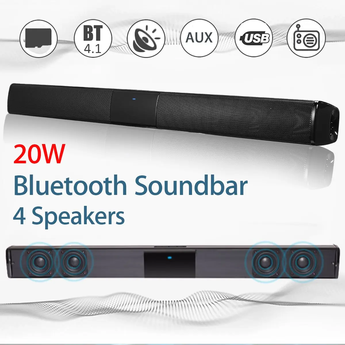 

Kinco 20W Wireless bluetooth Soundbar Stereo Hi-Fi Speaker Subwoofer FM TF AUX USB