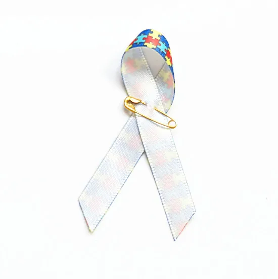 autism awareness ribbon bow with gold pins