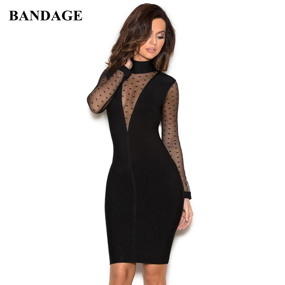 

2018 New Design Mesh Full Sleeve Free Shipping Bandage Dress Sexy Deep V Neck Midi Dresses Celebrity Party Club Cocktail Vestido