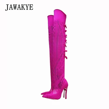 

New Sexy High lace Long Boots Women Point toe Black White lace Party Shoes Summer High Heel Boots lady Cut Outs Thigh High Boots