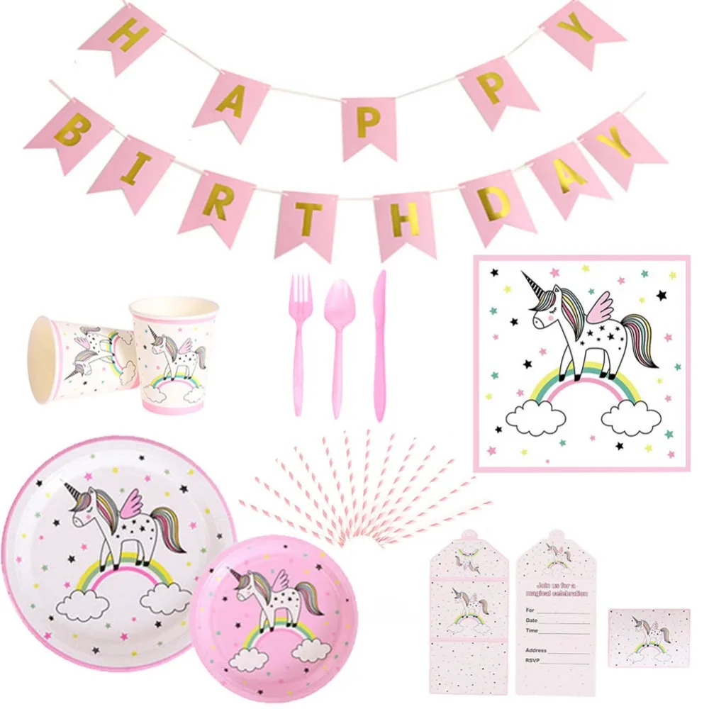 

1 Set Unicorn Party Cups Rainbow Colorful Baby Pink Paper Plate Baby Shower Birthday Party Decor Girl Parties Tableware Supplies