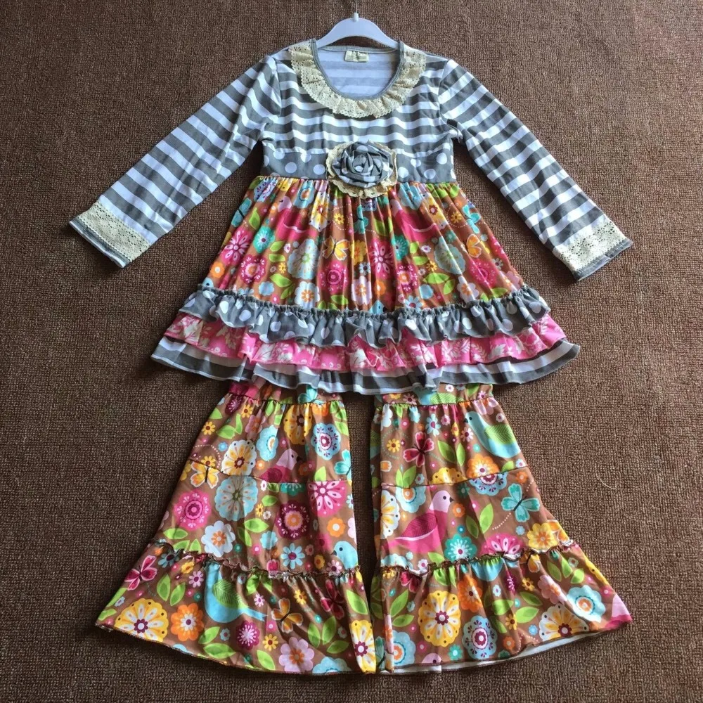 

Fall Long Grey Sleeve Flower Print Baby Girl Sets Lace Habiliment 100%Cotton Infants Big Flare Pants Children Fashion clothing