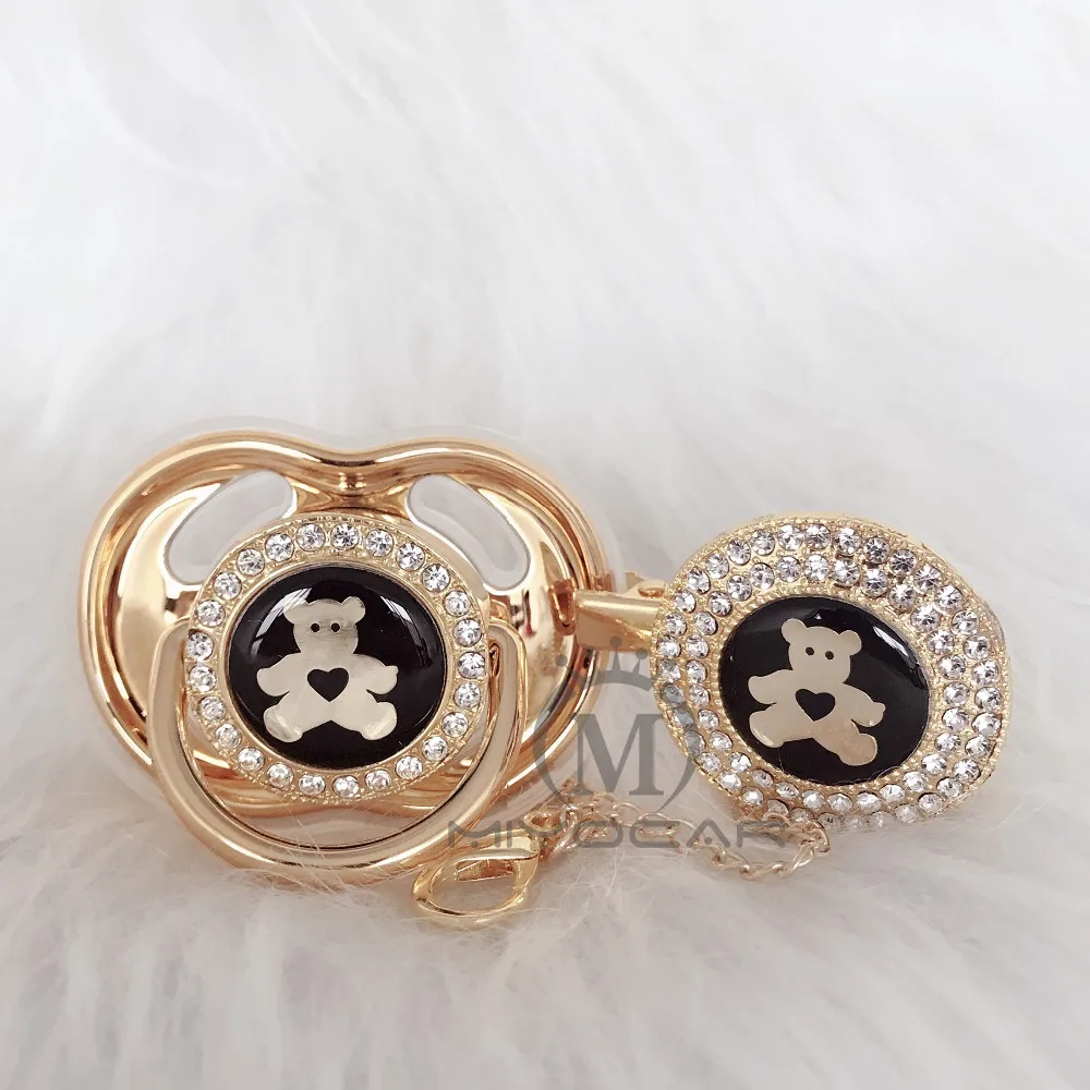 

MIYOCAR Gold silver lovely bear Gold bling pacifier and pacifier clip BPA free dummy bling unique design GBEAR-8/9