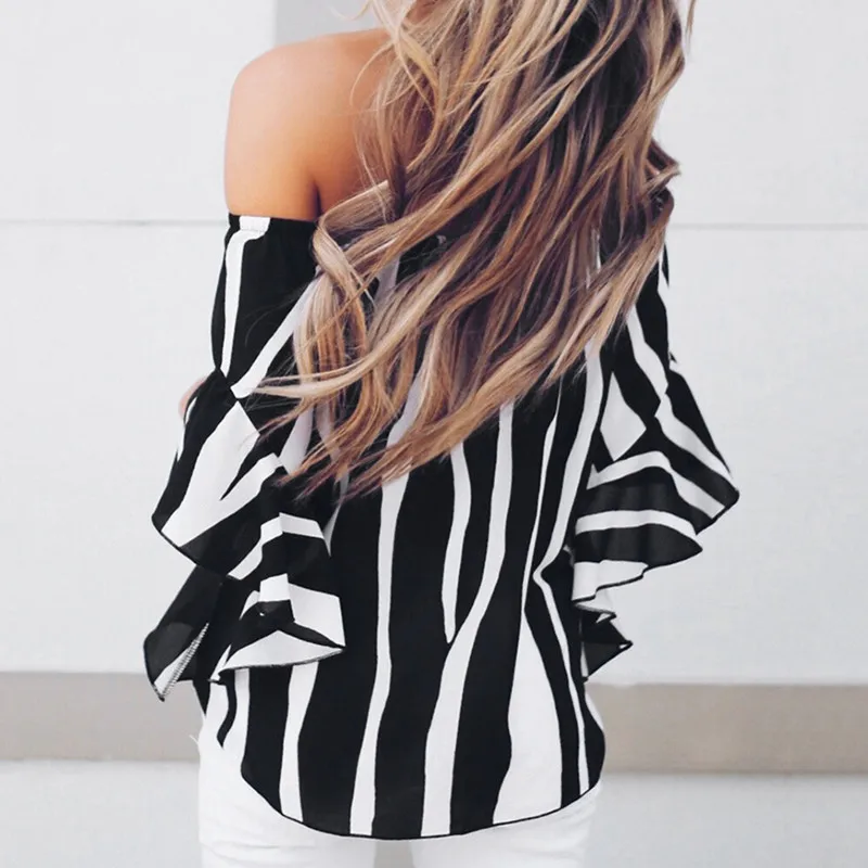 2018-Fashion-Ladies-Women-Off-Shoulder-Slash-Neck-Flare-Sleeve-Striped-Chiffon-Waist-Tie-Summer-Tops (3)