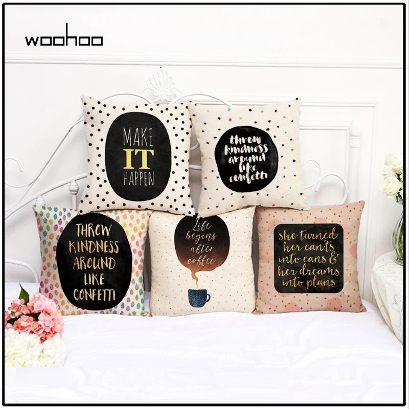 

2018 WOOHOO Words Quotes coffee Pillow Case Flower Cushion Covers Letter Pillow Cover for Sofa Home Decoration Pillowcase 45cm