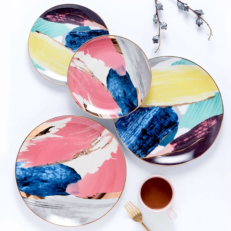 

8 and 10 inch Gold Inlay Colorful Cloud Dinner Plate set Porcelain Dessert Snack Cake Dishes for Kitchen Decor Gift