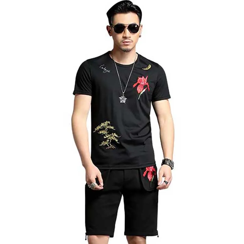Summer 2 PCS Set Short Tshirt Set Mens Short Sets Tracksuit High Quality Floral Embroidery Men's Clothing Set Sweatsuits