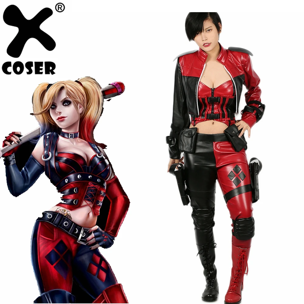 

XCOSER Injustice 2 Harley Quinn Costume Women Fancy Dress Bare Midriff Clown Cos Suit