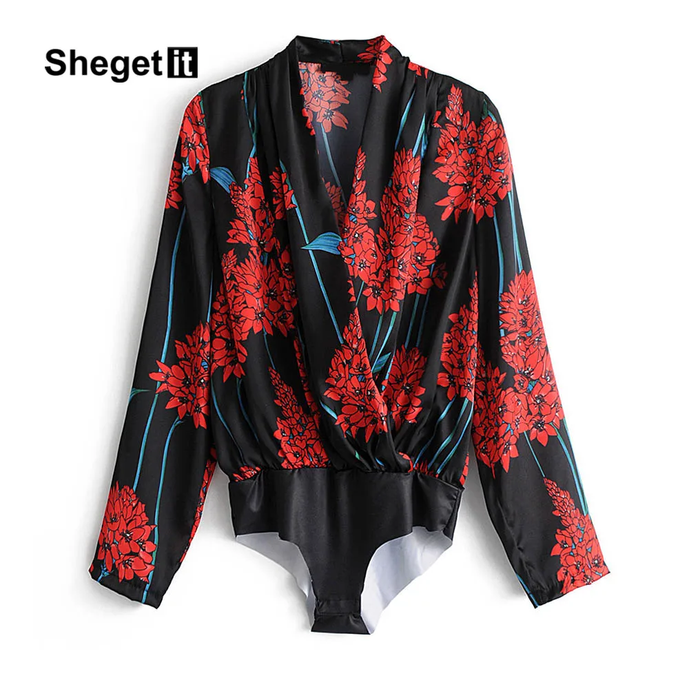 Shegetit V Neck Women Bodysuit Long Sleeve Vintage Floral Print Casual