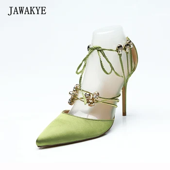 

JAWAKYE Green Stain lace up High heels Women Pumps Sexy Cut outs stiletto Extreme high heels Shoes Pointed toe ladies shoes