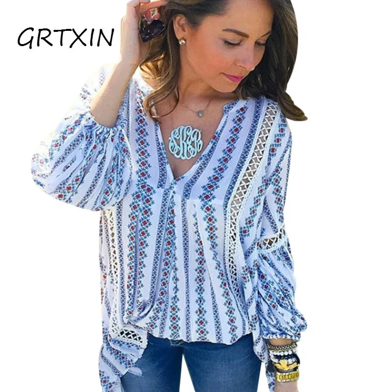 Summer Hollow Out Ladies Boho Tops Long Sleeve Womens Sexy Blouse Femme Deep V Neck Causal Striped Shirts Vintage Blusas | Женская