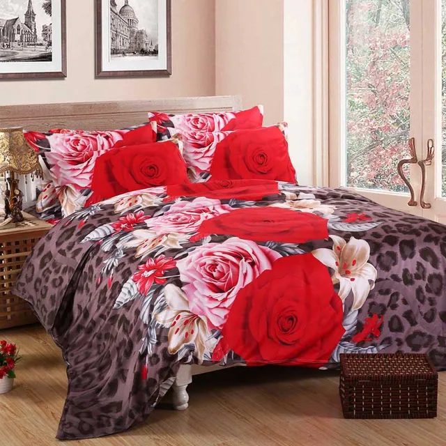 Hot Sale Romantic 3D Plant Red Rose Bedding Sets 4pcs Cozy Duvet Cover Set Queen Twin Bed Set