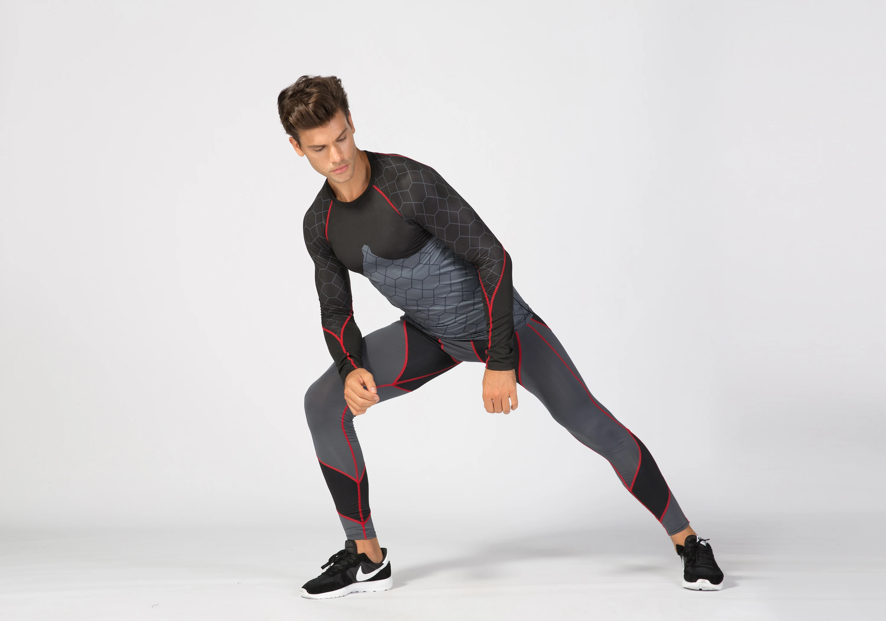 

Men's Printed Stitching Long Sleeve Shirt Fitness Running Sportswear Wicking Quick Drying Breathable High Elastic Tights Top