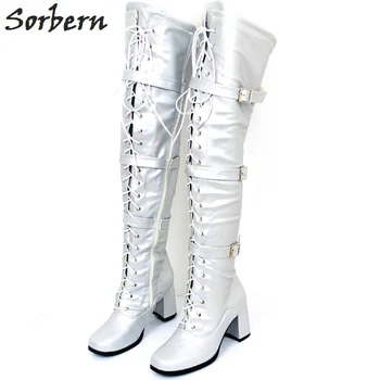 

Sorbern Silver Over The Knee Boots For Women Chunky Shoes Square Heels Women High Heels Boots 70S Gogo Shoes Custom Color