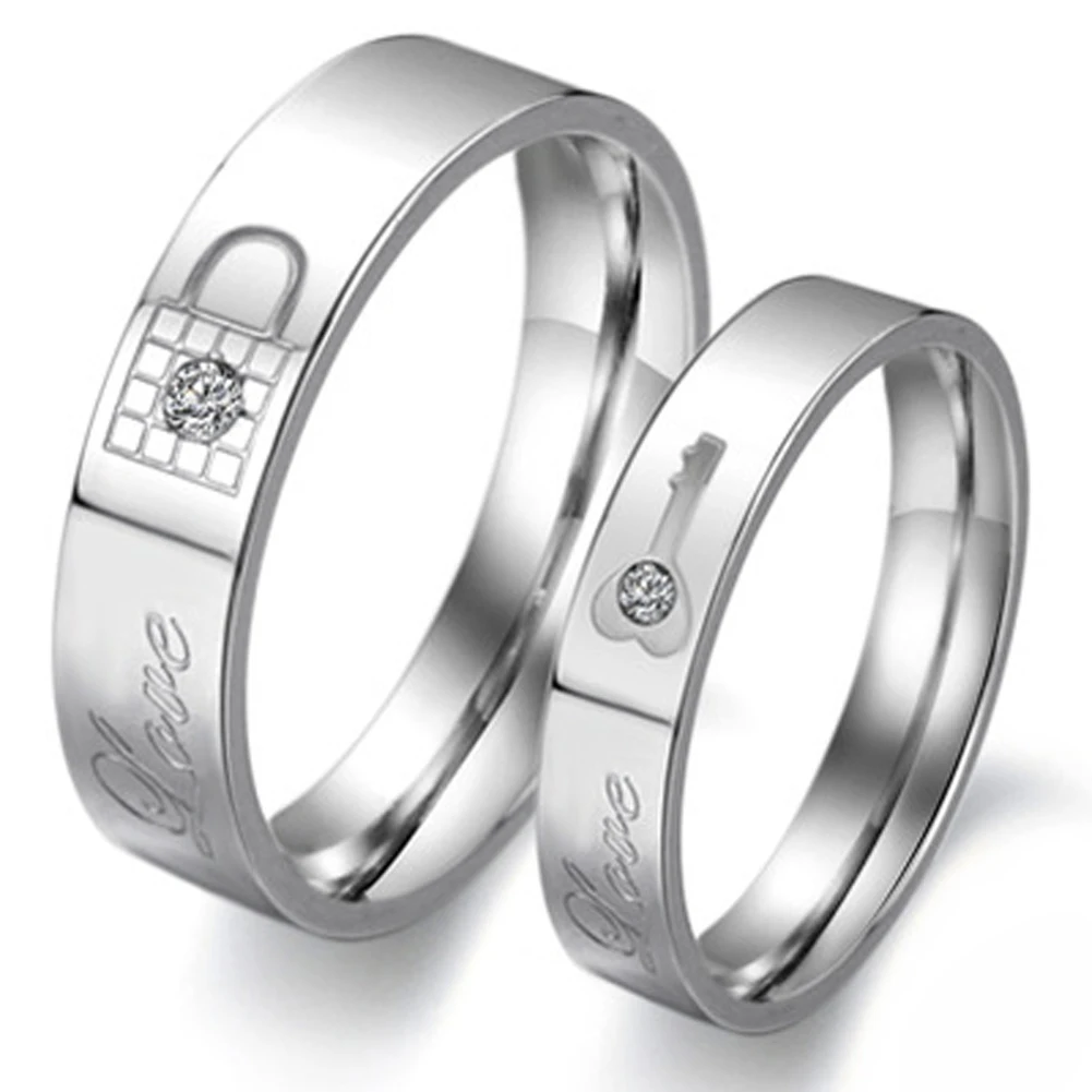

1 Piece Fashion Rhinestone Love Lock Ring Titanium Steel Couple Wedding Ring His And Hers Promise Ring Sets Anillos De Boda Ring