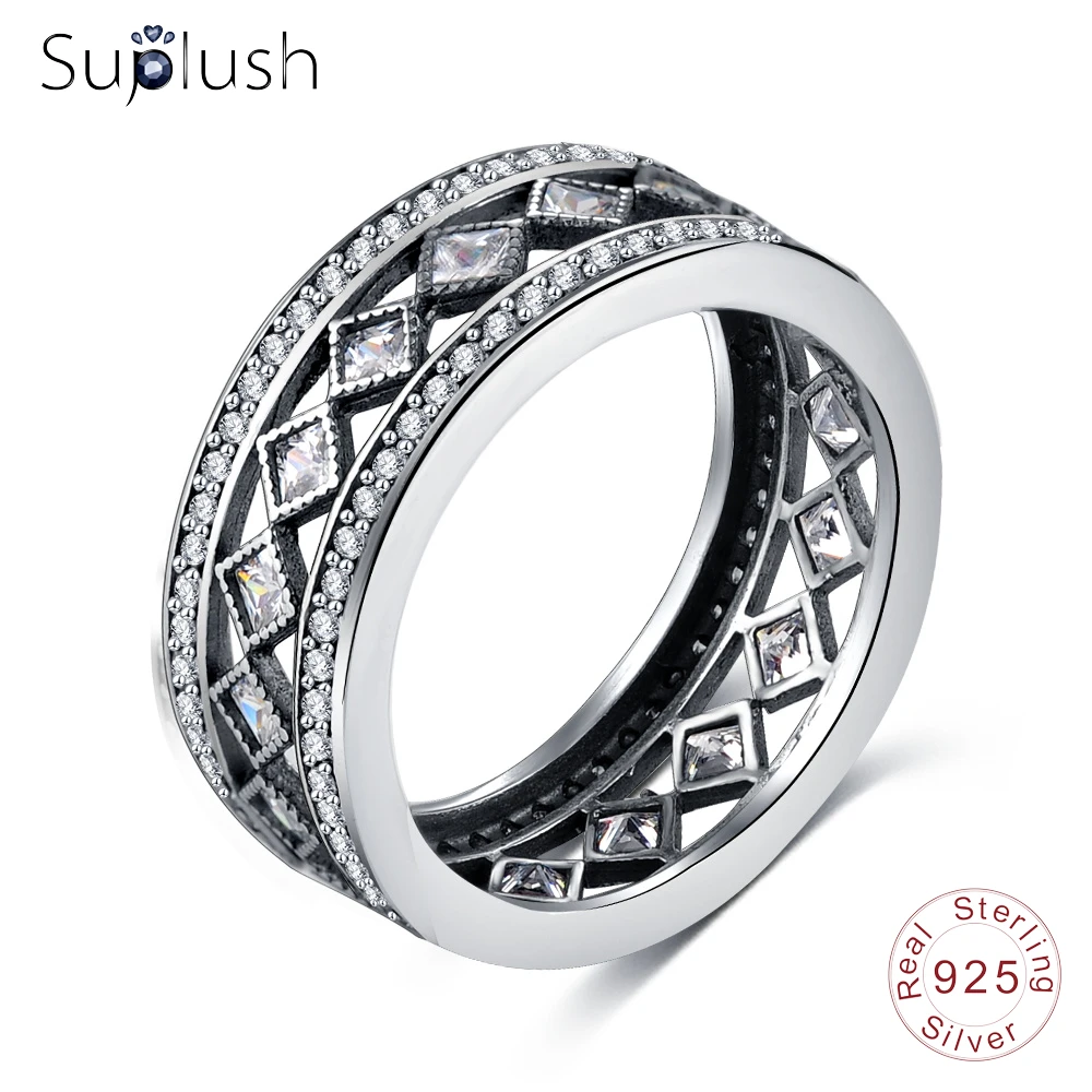 Suplush новые винтажные очаровательные кольца 925 пробы серебряные прозрачные CZ полые роскошные женские кольца ювелирные изделия PSRI0084-B