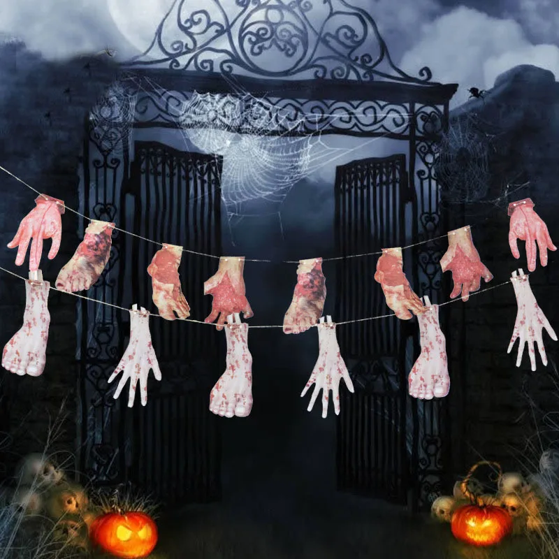 

1.8m Halloween Decorations Haunted House Bar Horror Arrangement Props Rotten Hands and Feet Ornaments Dress Up Spoof Pull Banner