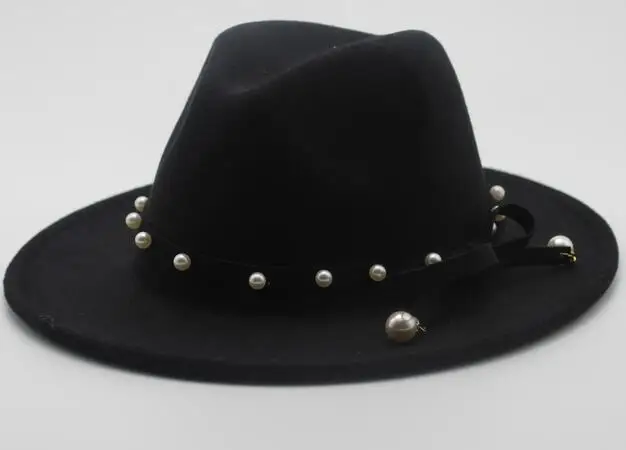 Seioum с широкими полями, осенняя Женская мода, жемчужный Топ, джазовая шляпа Кепка, зимняя фетровая шляпа для мужчин, шерстяная шляпа, модная женская шапка, розовые шапки - Цвет: black