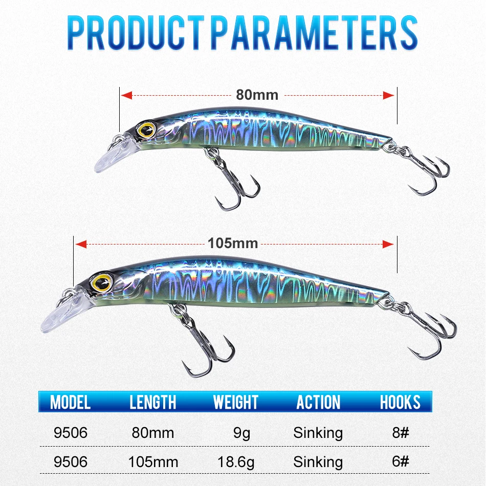 KINGDOM, новинка, рыболовные приманки, 6 шт./лот, 80 мм, 9 г, 105 мм, 18,6 г, тонущие джеркбейты, воблеры, высокое качество, жесткие приманки на пескаря, модель 9506