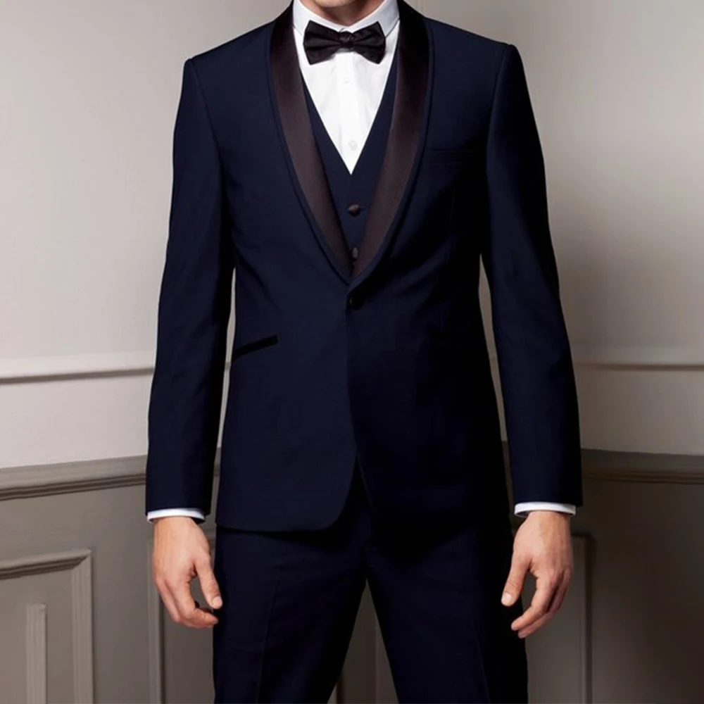 

Custom MADE TO MEASURE TAILORED BESPOKE NAVY BLUE MEN SUITS;BROWN SHAWL LAPEL;BROWN 2 WELT POCKET(Jacket+Pants+Tie+Pocket Square