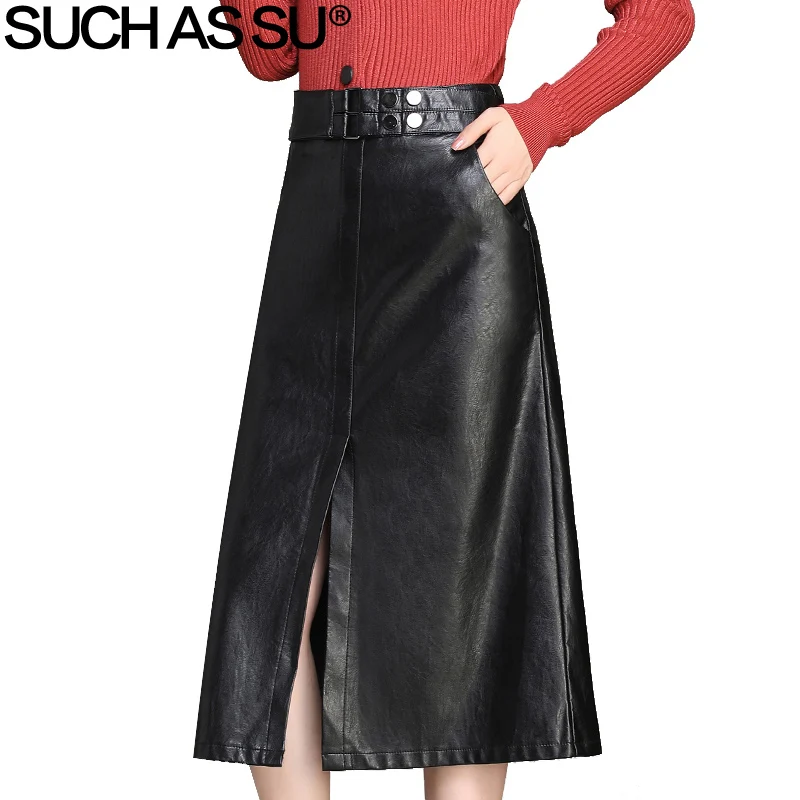

New PU Skirts Women 2018 Fall Winter Black Button High Waist Mid Long A Line Skirt S-3XL Plus Size Casual Leather Skirt Female