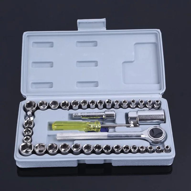 

40 Pcs Socket Ratchet Wrench Hand Tool Set 1/4" 3/8" Drive Size S.A.E & Metric Tool Kit For Home Auto Repair Tools
