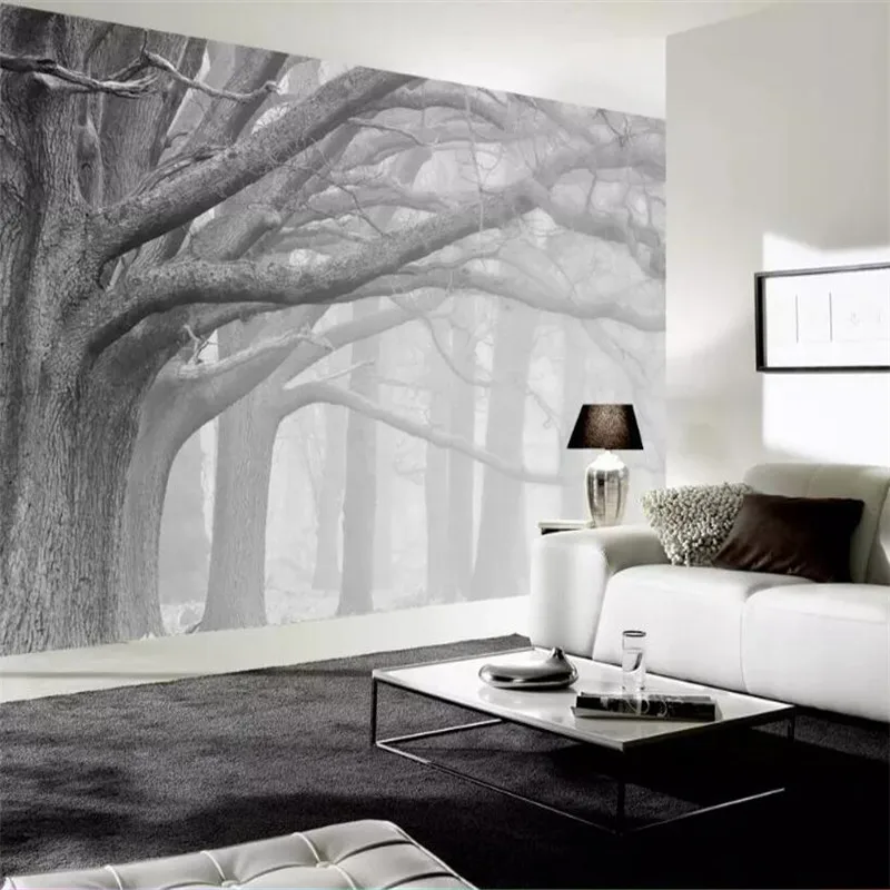 Modern black and white forest tree art TV background wall custom large wallpaper mural 3D photo wall factory wholesale Modern black and white forest tree art TV background wall custom large wallpaper mural 3D photo wall factory wholesale