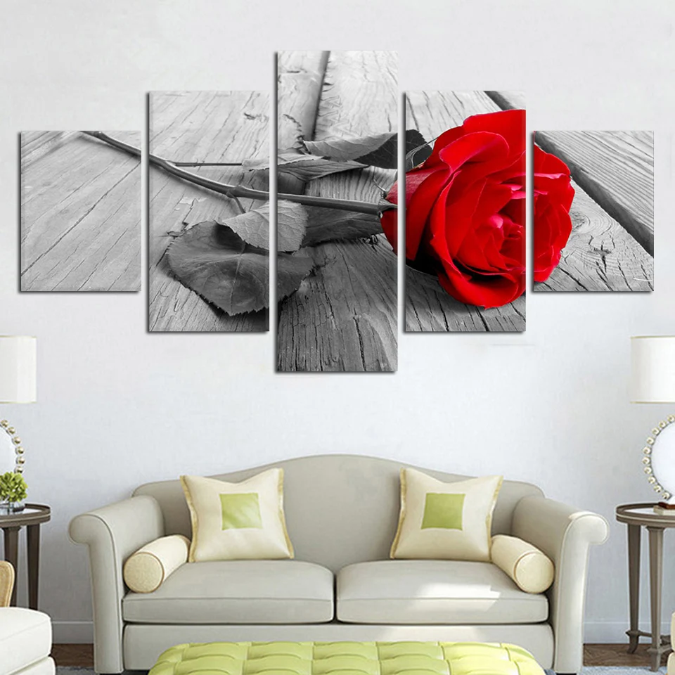 

Home Decor Wall Art 5 Pieces Canvas Paintings Beautiful Red Rose Posters HD Prints For Livings Rooms Flowers Posters Framework