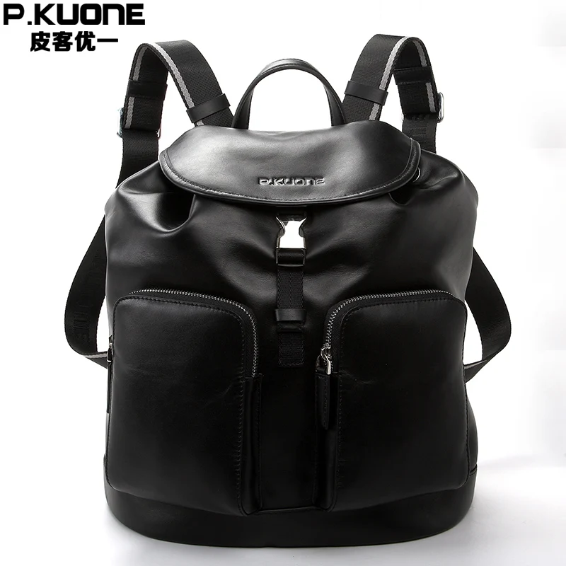 

P.KUONE Genuine Leather 2017New Fashion Men Luxury Brand Black Bag Waterproof Laptop Messenger Travel Backpack Women School Bags