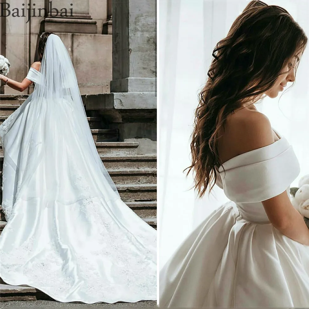 Baijinbai Роскошные Off the shoulder Атлас Свадебные и Бальные платья с бисерные Аппликации