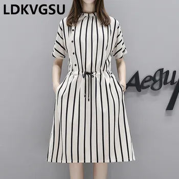 

Plus Size Loose Dress Women 2018 Summer Short Sleeve O-neck Split Striped Dress Ladies Elegant Pockets Casual Dress 4XL Is450