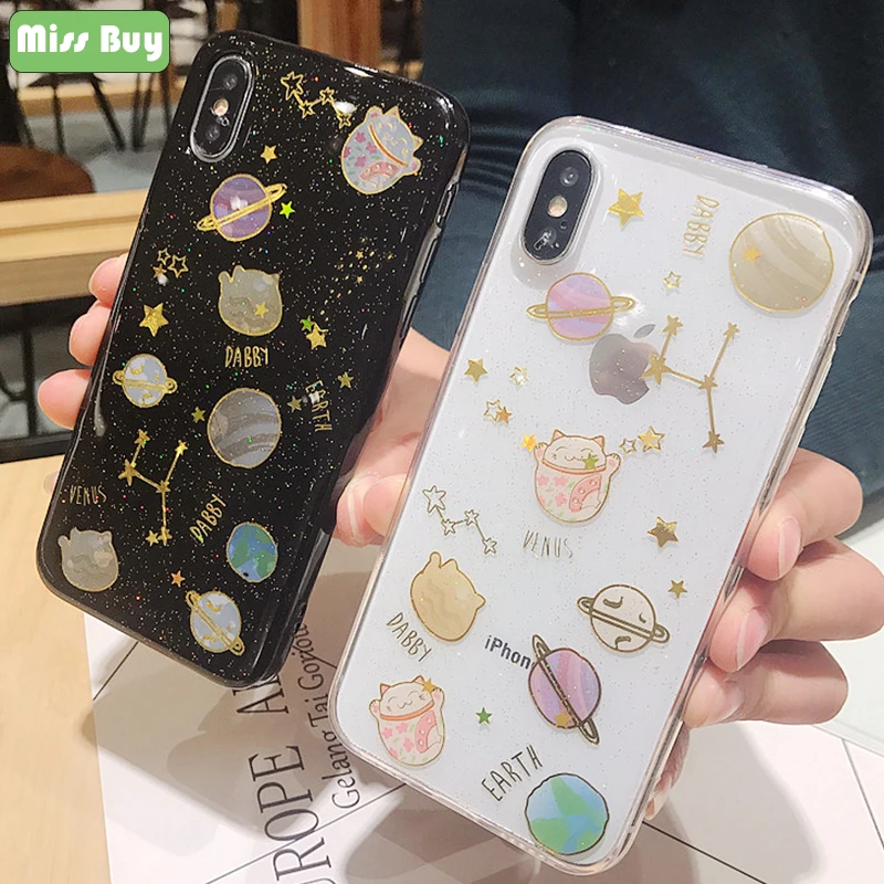 Missbuy Fashion Cartoon Back Cover Clear Soft Cases Bling Glitter Starry Sky Moon Phone Case For iphone X 7 8 6 S plus Capa |