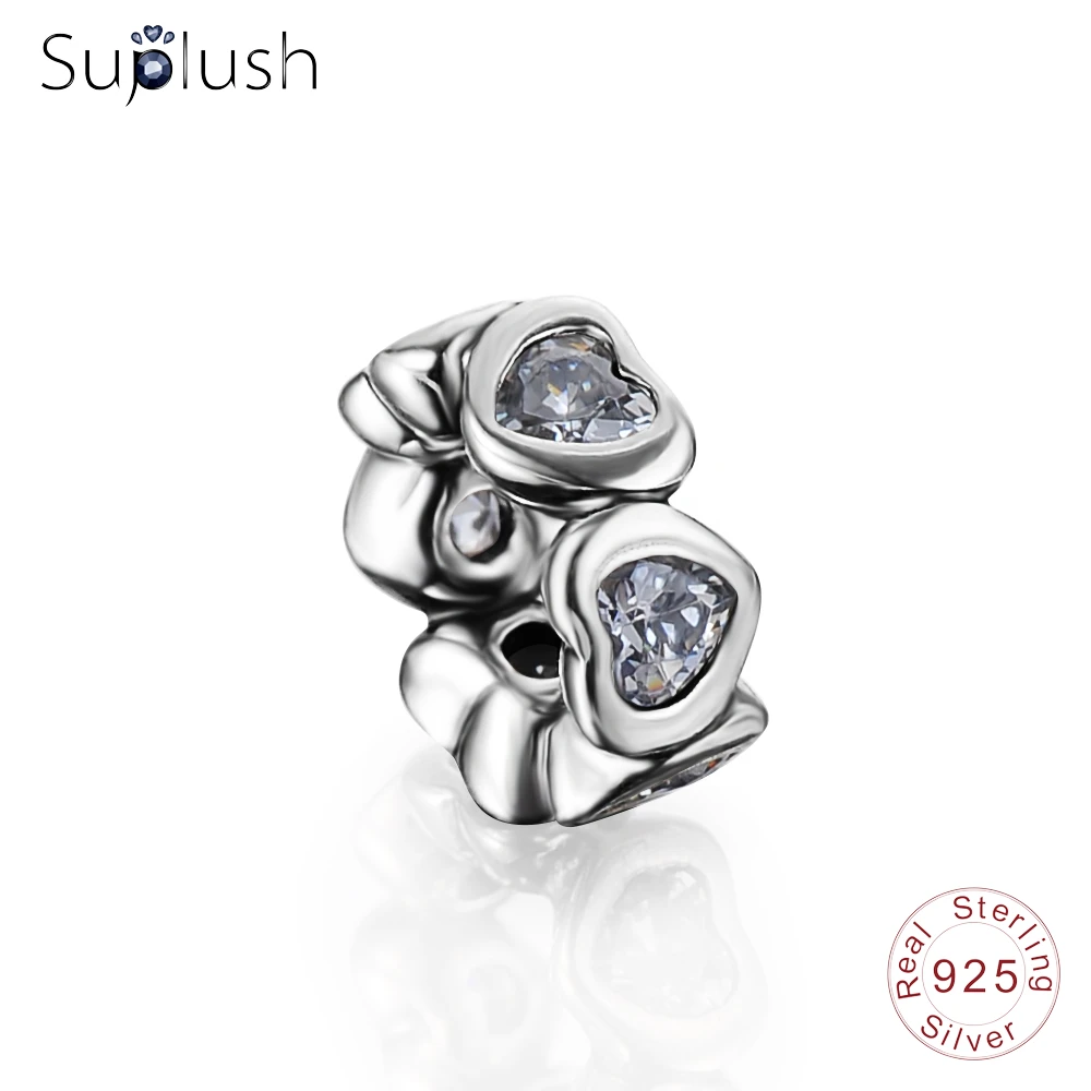 Suplush 925 Серебро Белое кольцо с сердцами Шарм Fit Европейский браслет женские