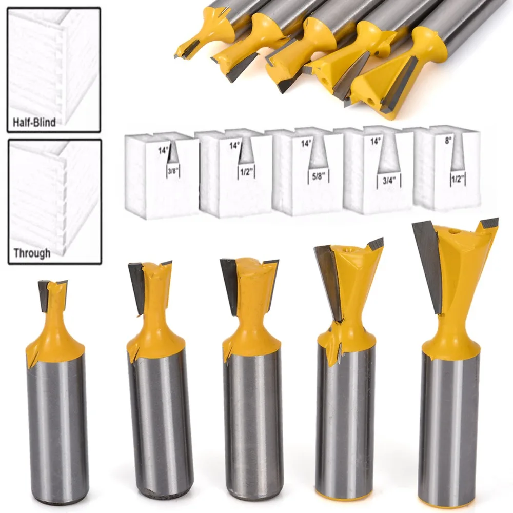 5pcs/Set 1/2" Shank Dovetail Joint Router Bits Set 8&14 Degree