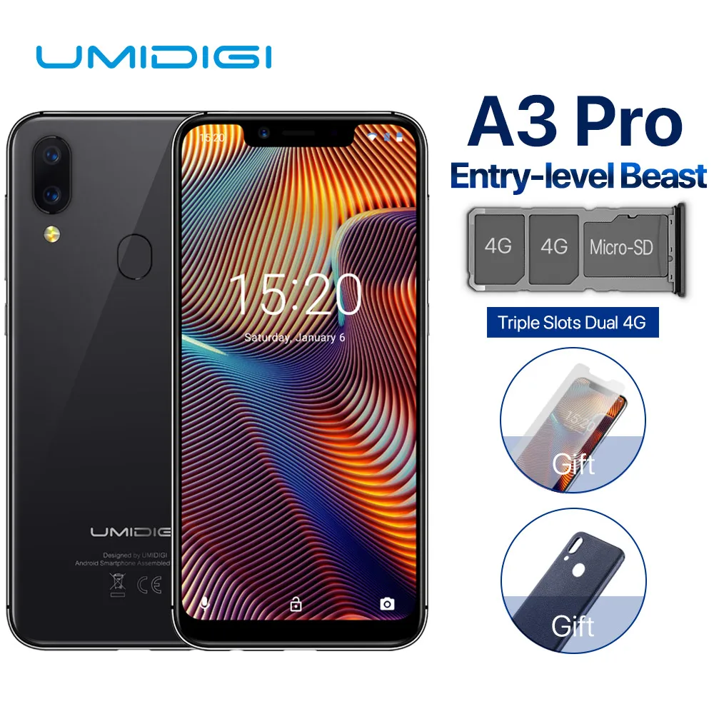 UMIDIGI A3 Pro Глобальный двойной 4G Sim смартфон 5,7 "19:9 полный Экран мобильного телефона Android 8,1 3 + 32 г Face ID сотовые телефоны с идентификацией по