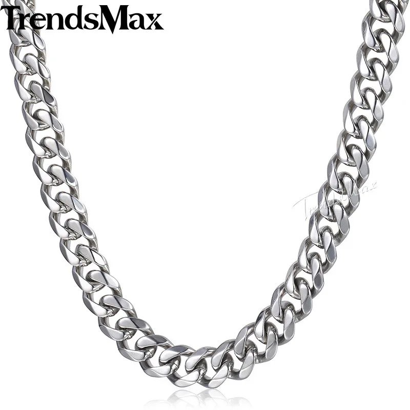 Trendsmax матовое полированное ожерелье Мужская цепь 316L нержавеющая сталь резанная Снаряженная кубинская звено Серебряный тон 15 мм KHNM18