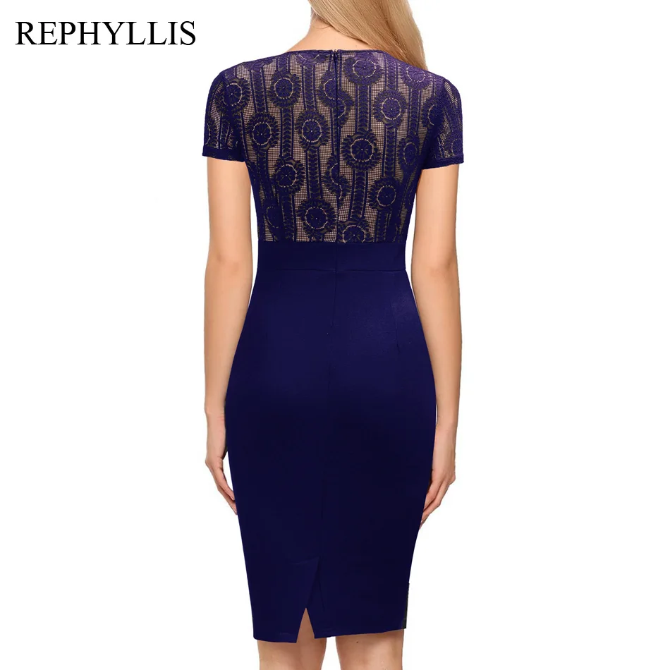 REPHYLLIS Women O Neck Short Sleeve Top Lace or Printing Front Zipper Cocktail Party Wear to Work Daily Office Slim Pencil Dress